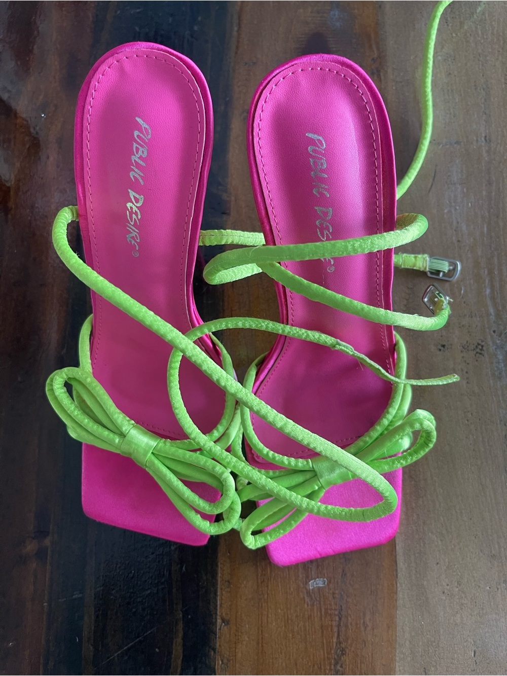 Public Desire Hot Pink and Lime Green Lace-Up Heeled Sandals